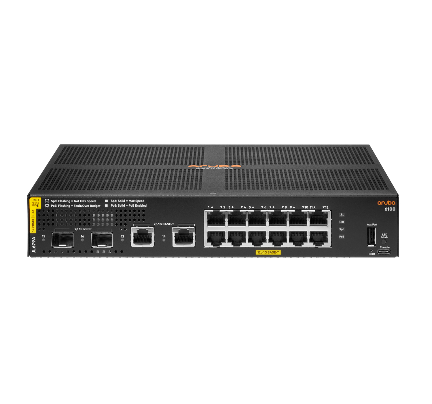 Bild von HPE 6100 12G Class4 PoE 2G/2SFP+ 139W - Managed - L3 - Gigabit Ethernet (10/100/1000) - Power over Ethernet (PoE) - Rack-Einbau - 1U